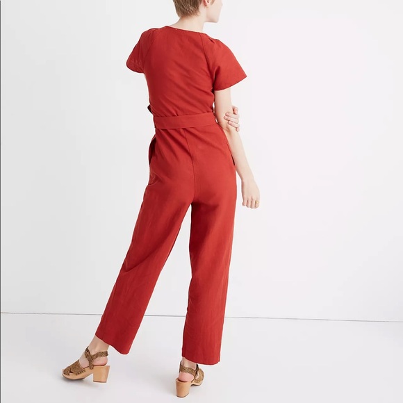Madewelll Linen-Cotton Pleat-Sleeve Jumpsuit in Dark Cinnabar - Picture 3 of 5